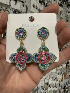 Multicolor Crystal Floral Drop Earrings in Pink, Teal & Blue